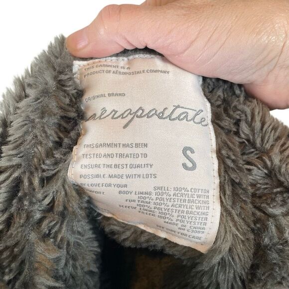Aeropostale Y2K Utility Jacket Womens S Faux Fur Lined Hood Military Bomber Gray - Picture 12 of 13